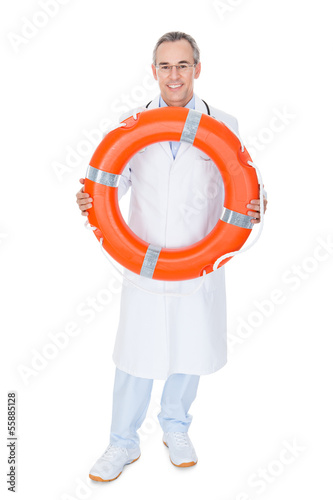 Happy Male Doctor Holding Rescue Ring