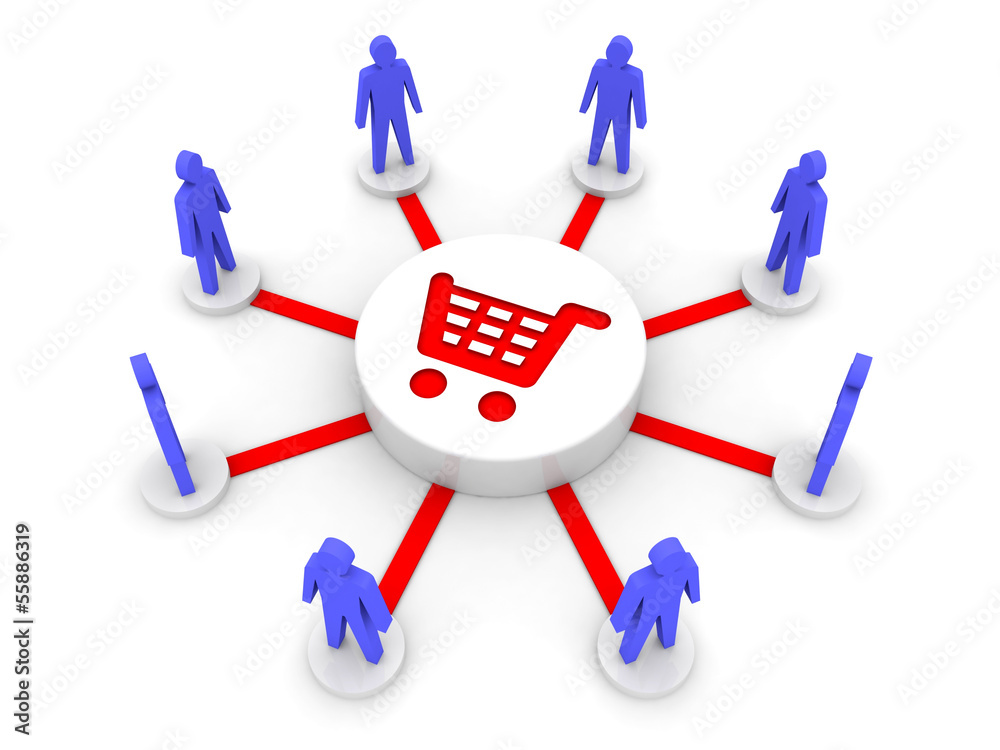 Team shopping. Common source of goods. Concept 3D illustration.