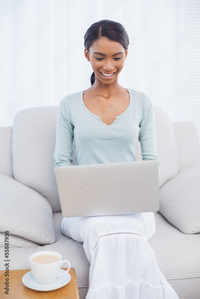 Smiling attractive woman using her laptop sitting on cosy sofa Smiling attractive woman using her laptop sitting on cosy sofa