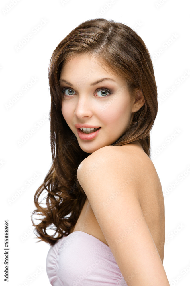Portrait of amazed girl with hair ringlets, isolated Portrait of amazed girl with hair ringlets, isolated
