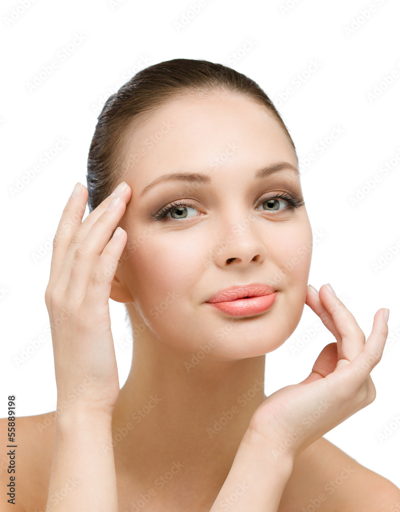 Close up of girl touching her face, isolated on white Close up of girl touching her face, isolated on white