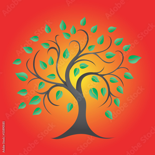 Tree with green leaves on  bright red background.