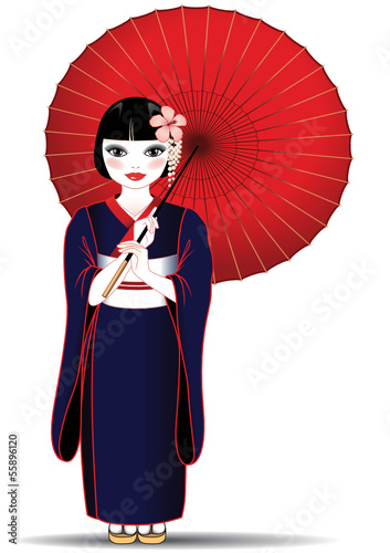 Donna cinese con kimono e ombrello rosso