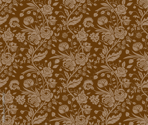 Brown seamless pattern with a vintage flower bouquets