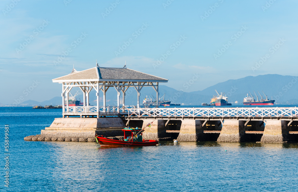 white wood bridge with pier at Sichang Island,Thailand
