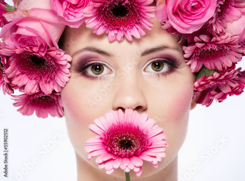 beautiful face with pink flowers