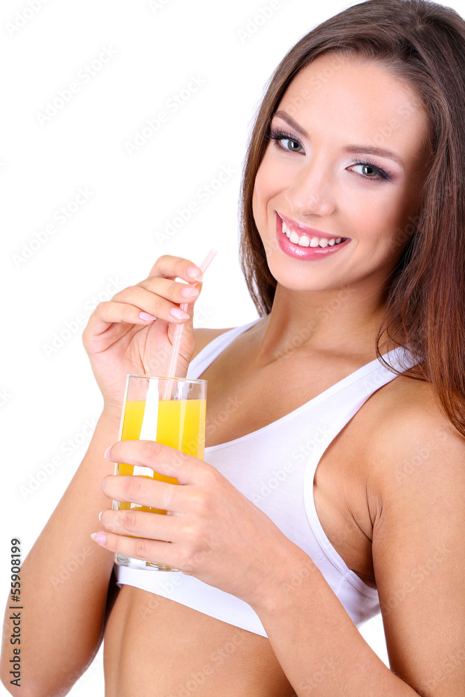Beautiful girl with fresh juice isolated on white Beautiful girl with fresh juice isolated on white