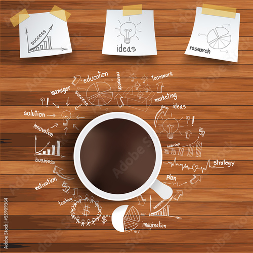 Vector coffee cup and business strategy on wooden