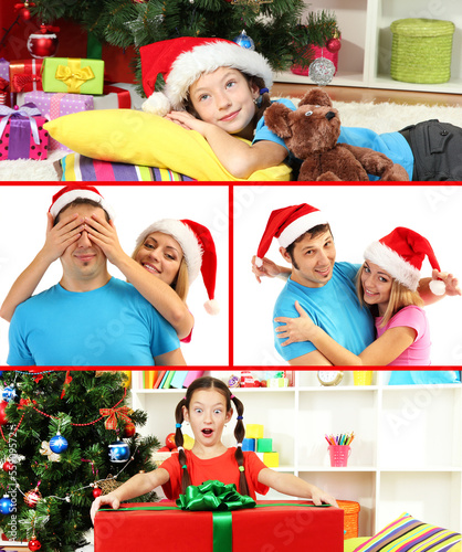 Collage of happy family celebrating Christmas at home