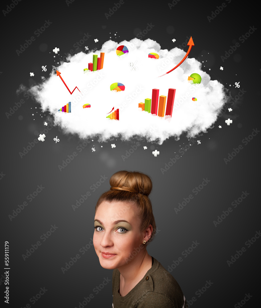 Young woman gesturing with cloud and charts concept Young woman gesturing with cloud and charts concept