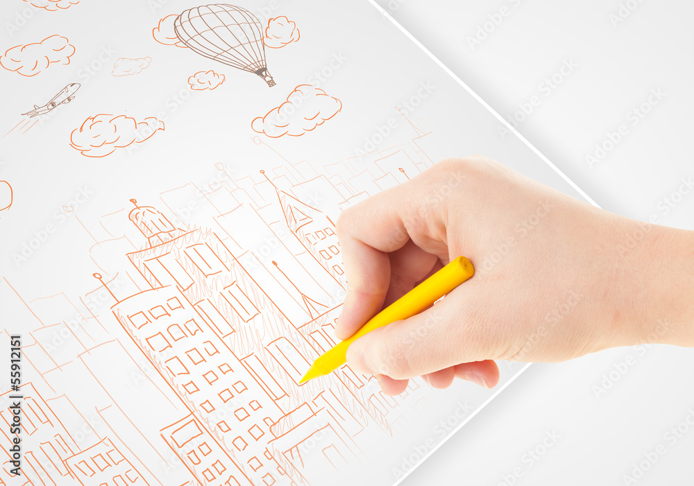 A person drawing sketch of a city with balloons and clouds on a A person drawing sketch of a city with balloons and clouds on a