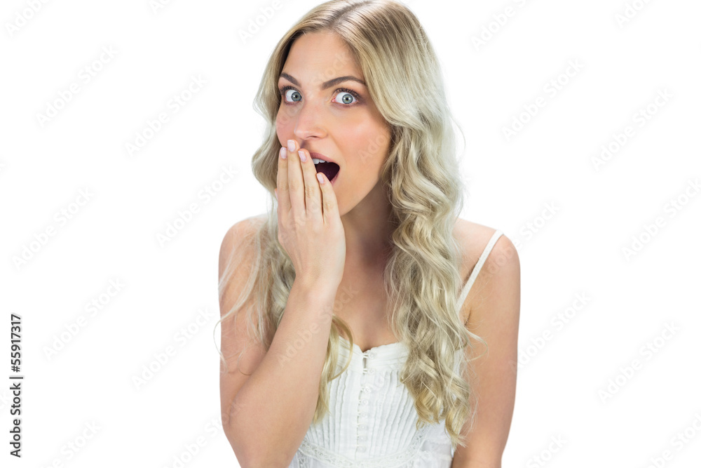 Surprised seductive model in white dress posing Surprised seductive model in white dress posing