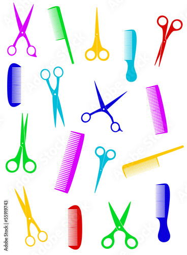 background with isolated colorful scissors and comb