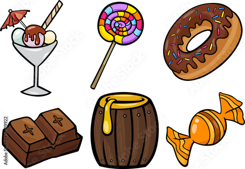 sweet food objects cartoon illustration set