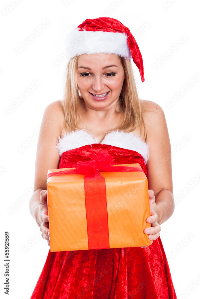 Surprised Christmas woman with present Surprised Christmas woman with present
