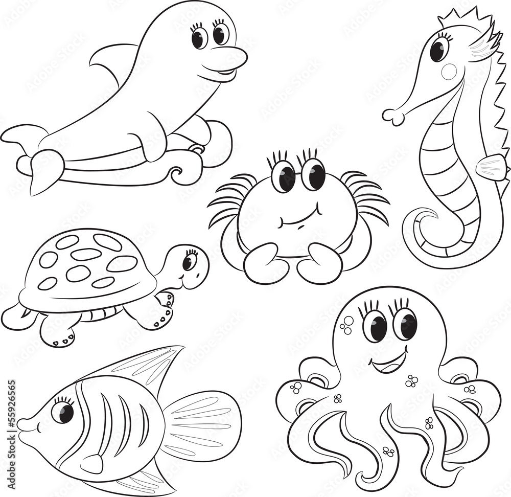 Set of outlined cartoon sea animals. Vector illustration Stock Vector ...