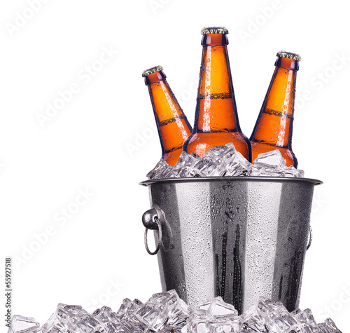Beer bottles in ice bucket isolated