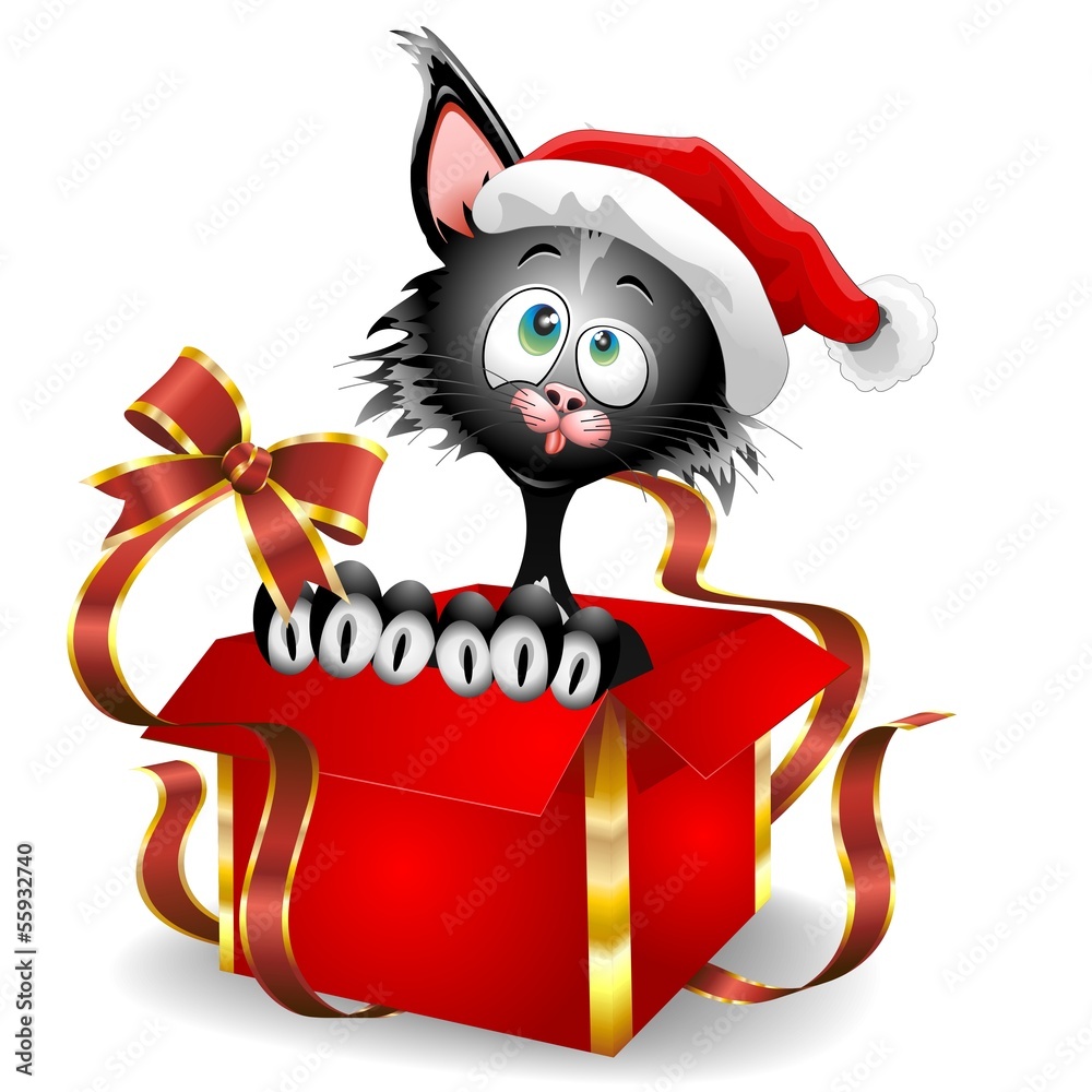 Cat Cartoon on Christmas Gift-Gatto buffo Babbo Natale Stock Vector | Adobe  Stock