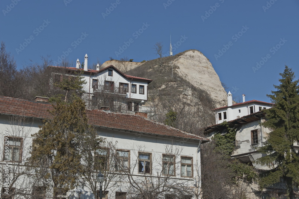 Old town Melnik with traditional houses and pyramid loose rocks