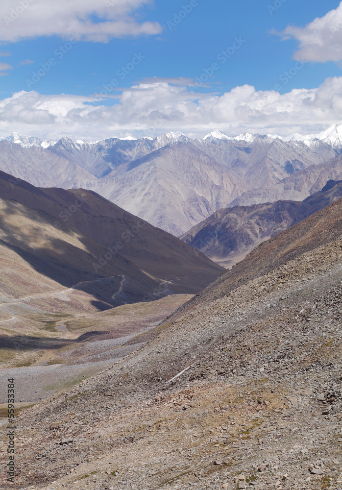Snow carved valley and mountains from Khardung Pass, HDR