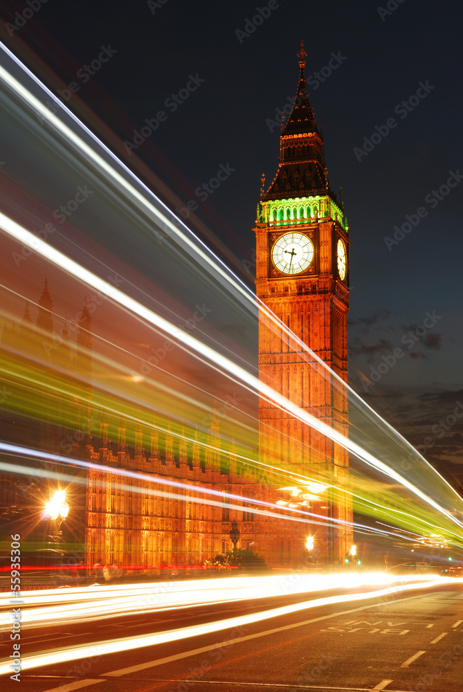 Big Ben Clock Tower in the evening with traffic lights trails