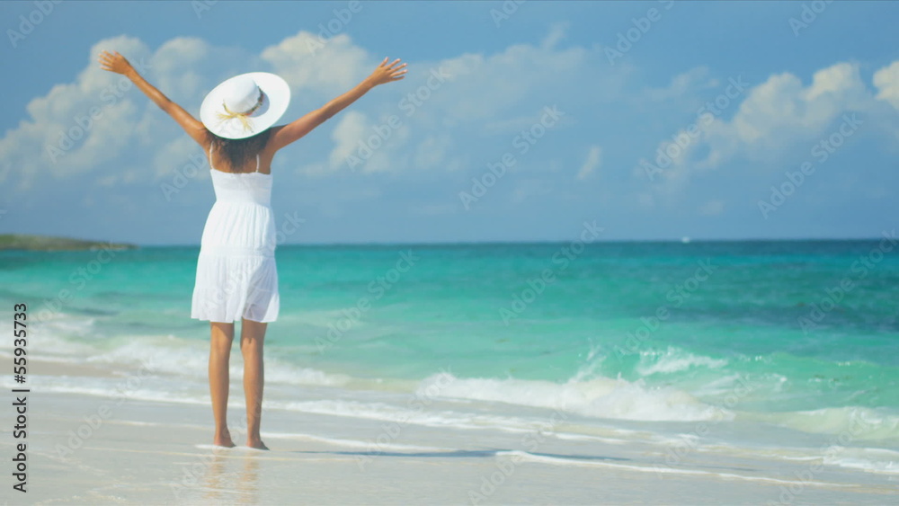 Hispanic Girl Walking Outdoors Tropical Beach Hispanic Girl Walking Outdoors Tropical Beach