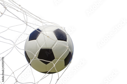 soccer ball in net on white