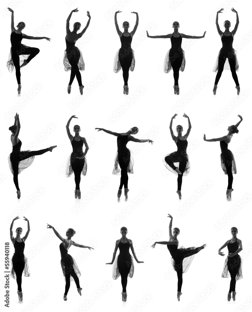 A set of silhouettes of women dancing ballet in black dresses