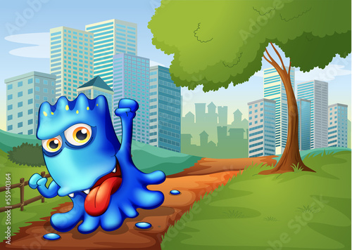 A blue monster in the city