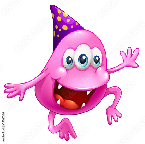 A pink beanie monster celebrating