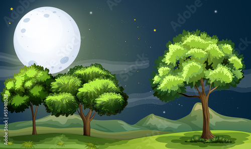 A clean and green forest under the bright fullmoon