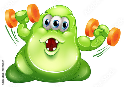 A greenslime monster with orange dumbbells