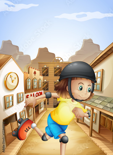 A girl rollerskating near the saloon bars