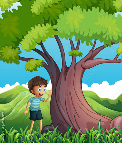 A young boy beside the huge tree