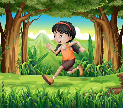 A forest with a young girl running