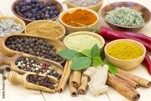 Variety of spices on wooden background photo