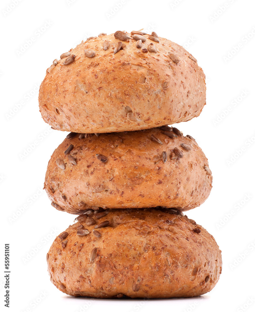 Three hamburger bun or roll with sesame seeds cutout Three hamburger bun or roll with sesame seeds cutout