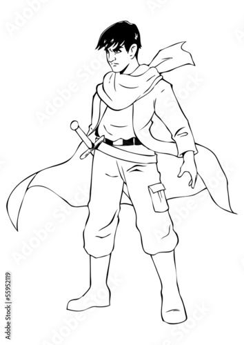 Outlined illustration of a man figure with a sword