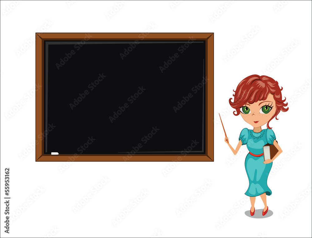 Cartoon teacher woman near blackboard.