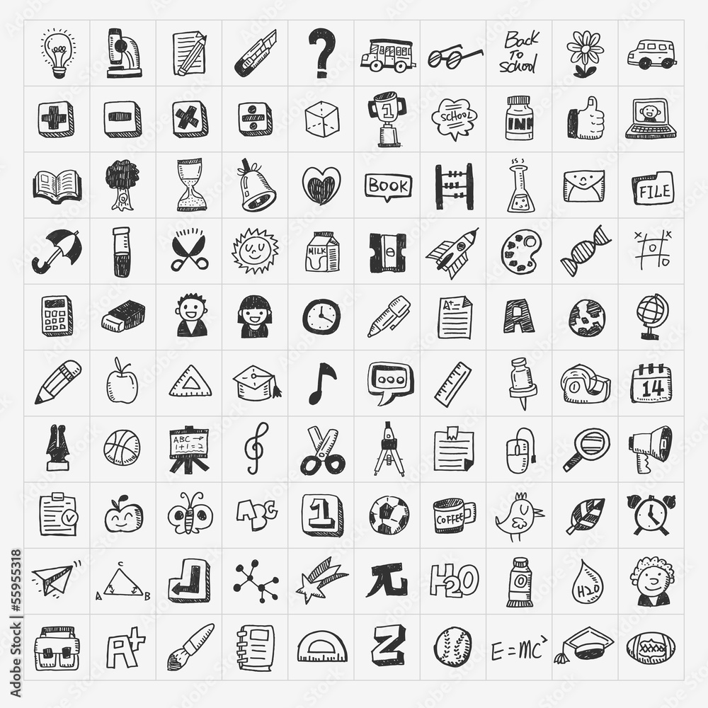 100 Back to School doodle hand-draw icon set