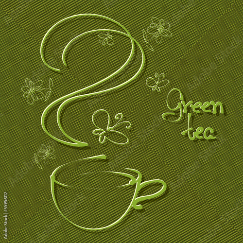 A cup of tea on green textured background, freehand