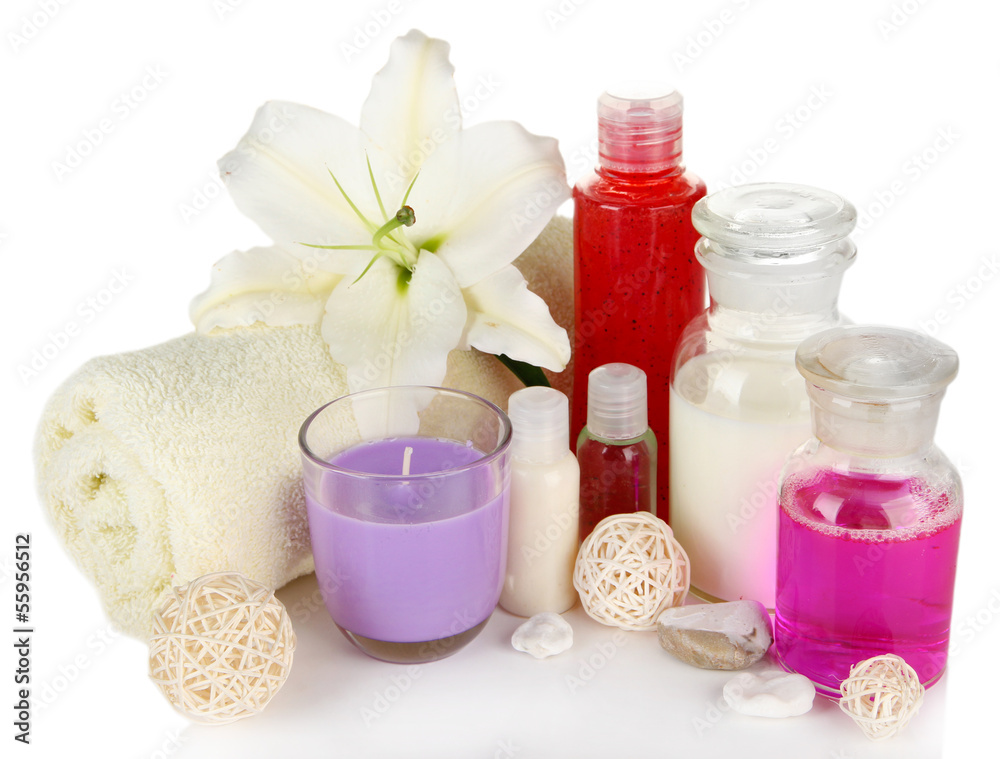 Beautiful spa setting with lily isolated on white Beautiful spa setting with lily isolated on white