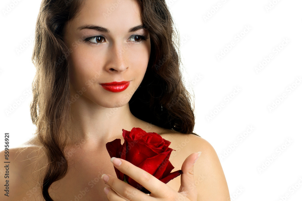 Young beautiful woman holding red rose Young beautiful woman holding red rose