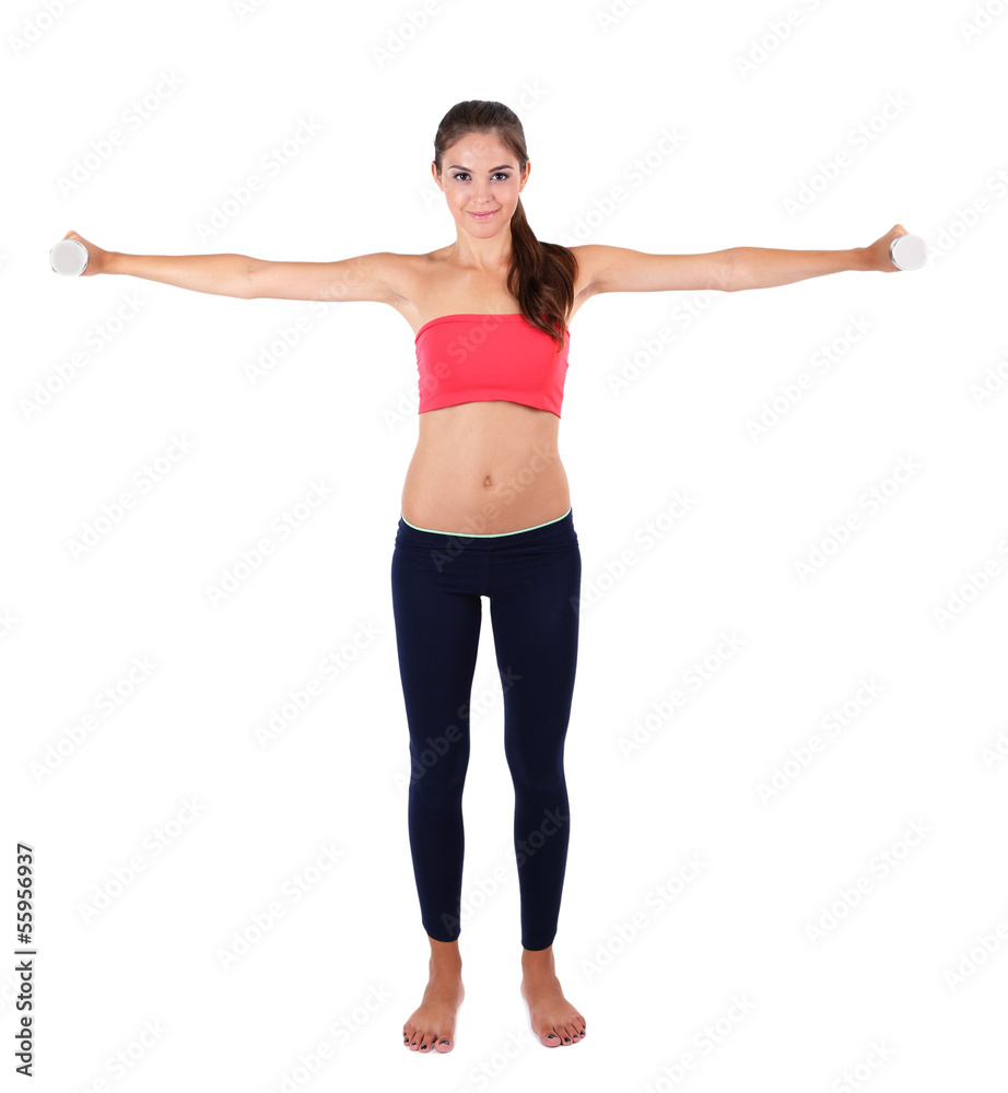 Beautiful young girl doing exercises isolated on white Beautiful young girl doing exercises isolated on white