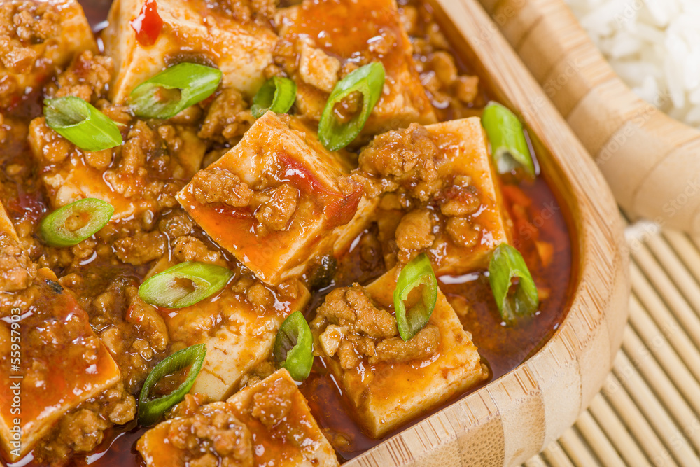 Mapo Tofu - Szechuan tofu and minced pork dish with rice. Mapo Tofu - Szechuan tofu and minced pork dish with rice.