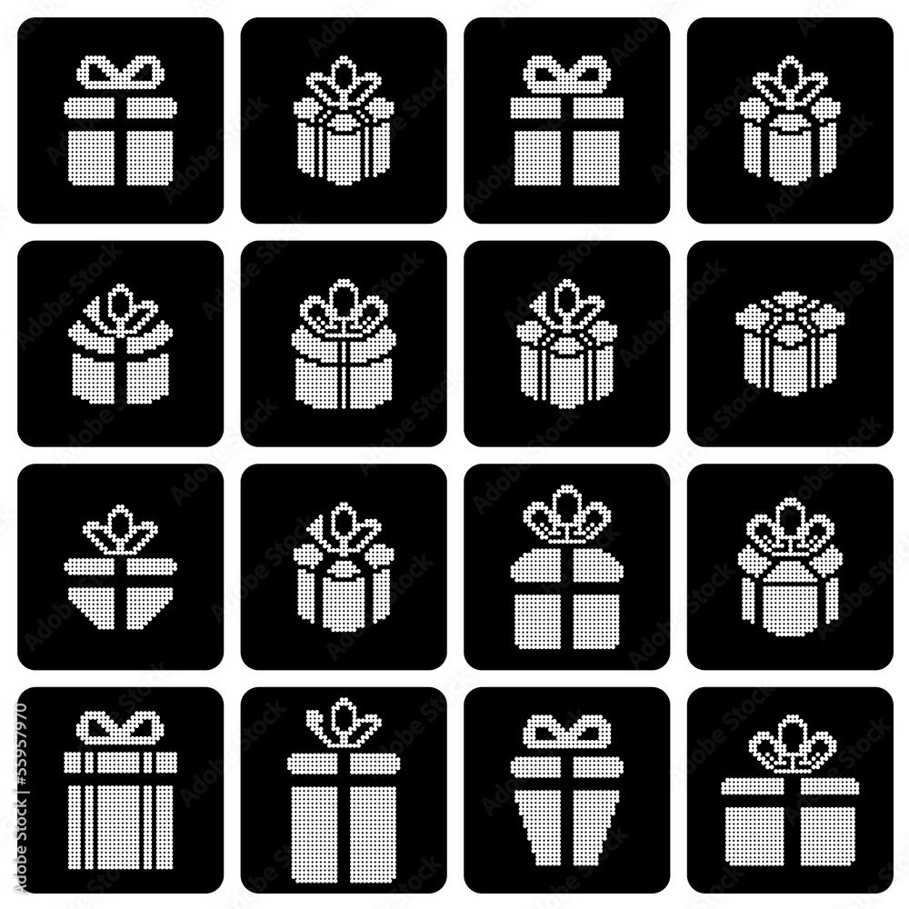Gift box pixel icons, holiday presents. Gift box pixel icons, holiday presents.