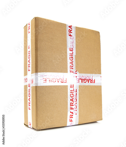 Cardboard box with fragile signs