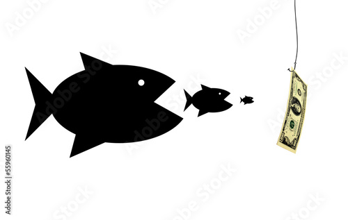 fishes devouring each other and pursuing for money