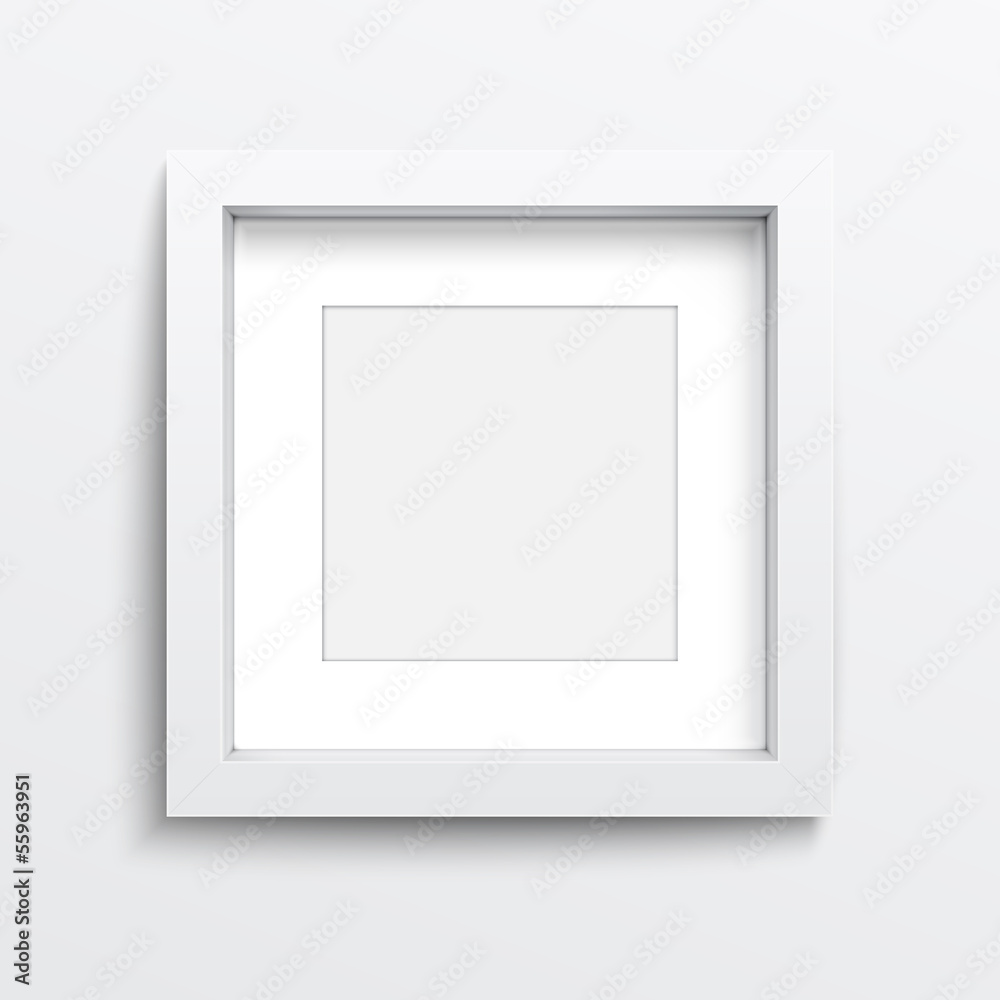 White square frame on gray wall. White square frame on gray wall.