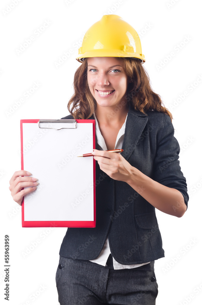 Woman with hard hat and binder